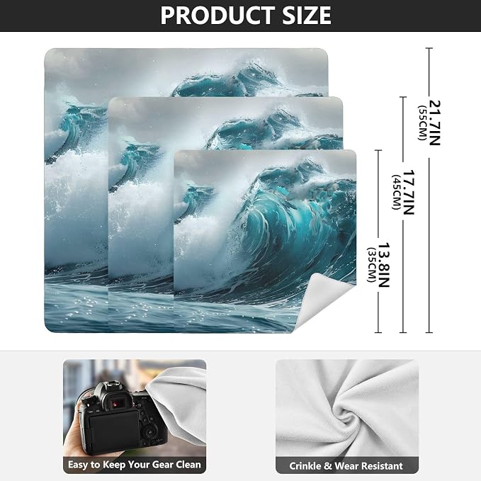 JIPONI Ocean Wave Makeup Bag, Self-Adhesive Magic Wrap Cloth, Portable Cosmetic Organizer, Camera Lens Protector, Travel Storage for Beauty Essentials, 13.8"x13.8"