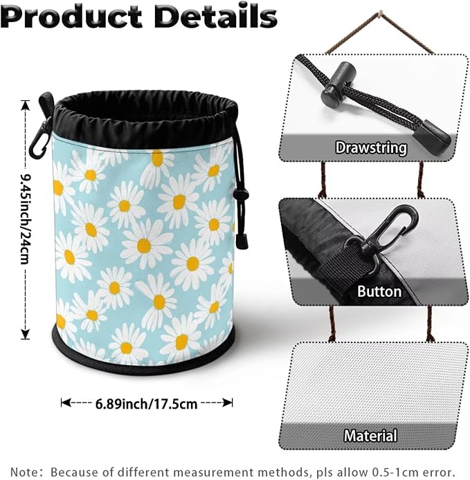 Daisy Clothespin Bag with Hanging Hook Laundry Canvas Clothes Pin Holder Waterproof Clothespin Bag Clothespin Storage Organizer with Drawstring Closure
