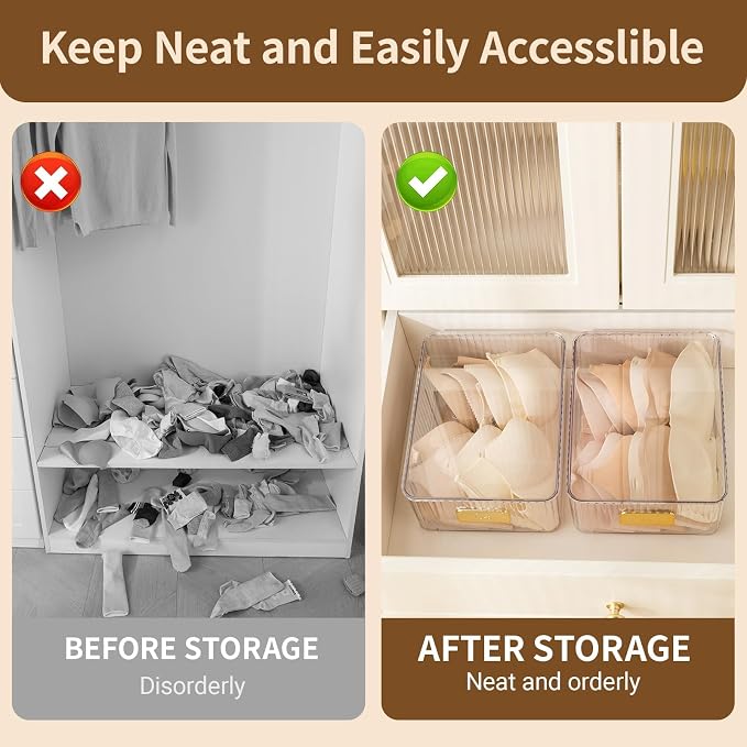 Clear Bra Organizer, Plastic Underwear Drawer Organizer with Lid for Closet, Undergarment Storage Ideal for Socks, Bras, Ties, and Scarves