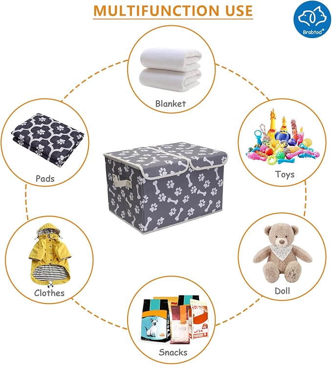 Large Dog Toys Storage Box Canvas Storage Basket Bin Organizer with Lid - Collapsible Linen Bin Ideal for Organizing Dog Cat Toys and pet Stuff-PP Boad-17" x 12" x 10" - Bone Claw