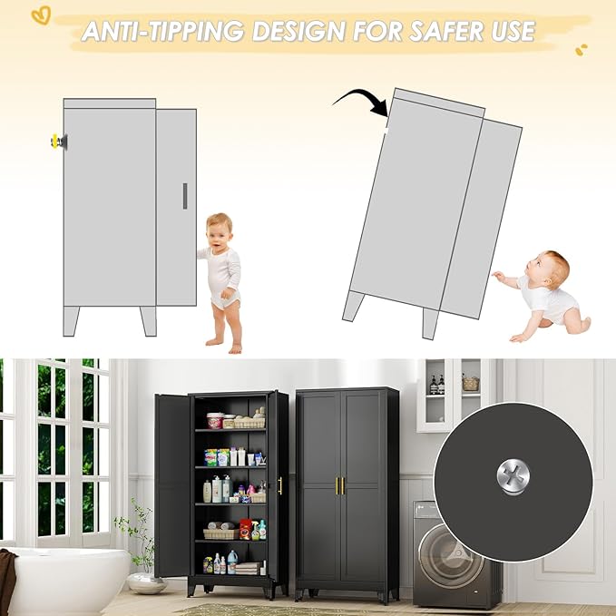 GAIOUS 71" Tall Metal Storage Cabinet with 2 Doors and 4 Adjustable Shelves | Kitchen Pantry Cabinet Black Freestanding Cupboard, 5 Tier Multifunctional Steel Storage for Office, Kitchen, Dining Room