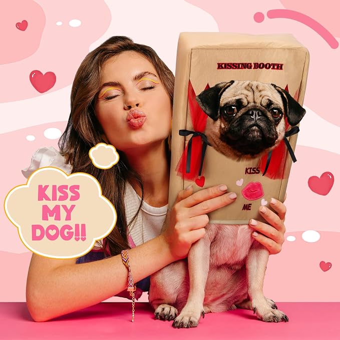 Halloween Dog Kissing Booth Costume Headpiece for Pets, Brown, L/XL | Pet Headwear for Dogs Cats with Red Fabric Hearts, Party Birthday Photo Prop, Fun Costume Gift for Pups