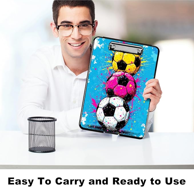 Heavy Duty Storage Clipboard, Slim Nursing Clipboard with Internal Pen Case, Portable File Organizer Case for A4 Letter Size Paper Office Medical Professionals, Soccer Painting