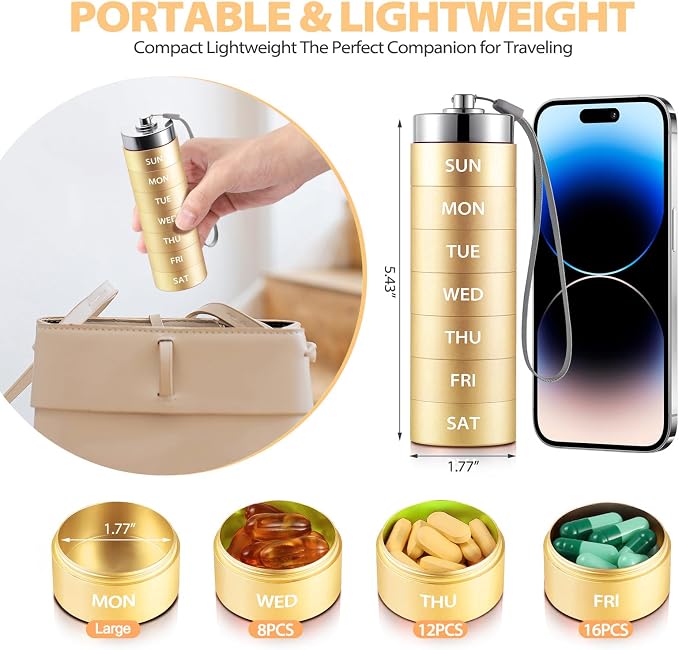 Metal Travel Pill Organizer, 7 Day Large Pill Box, Weekly Pill Case | OUVBTX Aluminum Alloy Pill Container, Portable, Waterproof, Stackable, Medicine Holder for Vitamin, Fish Oil, Supplement