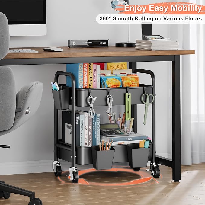 2 Tier Small Rolling Cart Metal with Wheels, Black Under Desk Storage Carts on Wheels, Short Utility Roller Shelf Trolley Organizer for Pantry, Kitchen, Office, Two Tiered Mobile Side Table, 22in Tall