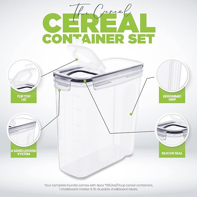 Utopia Kitchen Cereal Containers Storage Set with Lids, 4 Pack, 4L, Clear | Airtight Food Storage Containers with Lids, BPA-Free Cereal Dispensers for Pantry Organization and Storage