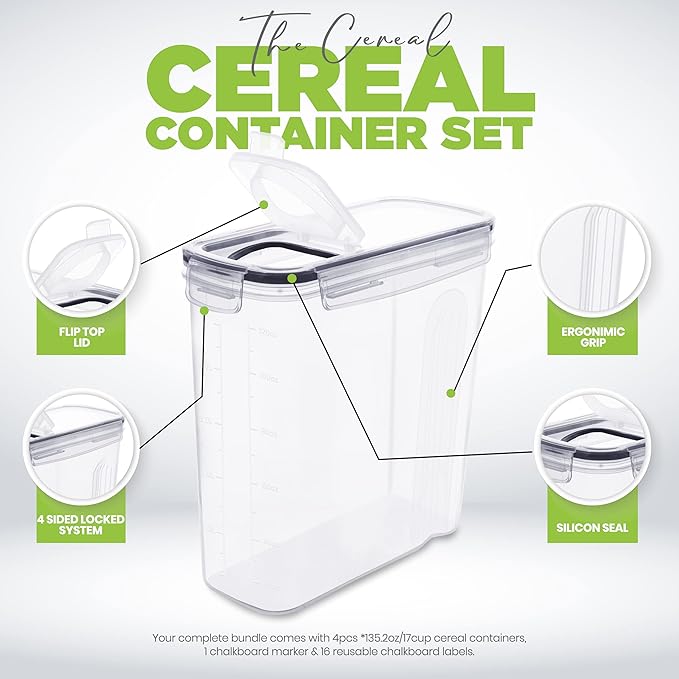 Utopia Kitchen Cereal Containers Storage Set with Lids, 3 Pack, 4L, Clear | Airtight Food Storage Containers with Lids, BPA-Free Cereal Dispensers for Pantry Organization and Storage
