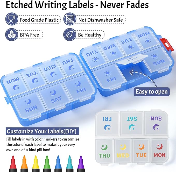 NEW Foldable & Double Protection Portable Weekly Pill Organizer 2 Times A Day with Etched Labels, AM PM 7 Day Week Medicine Box, Daily Travel Pill Case Dispenser for Vitamin, Supplement - Clear Blue