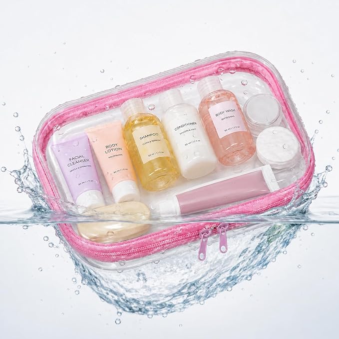 3 Pack Clear Hard Shell Zipper Case (1XL + 1L + 1M, Pink) | Travel Toiletry Bag, Waterproof 1.2mm PET Hard Plastic Pouches, Organizer Box for Makeup, Toy, Snack, Stationery, Diaper