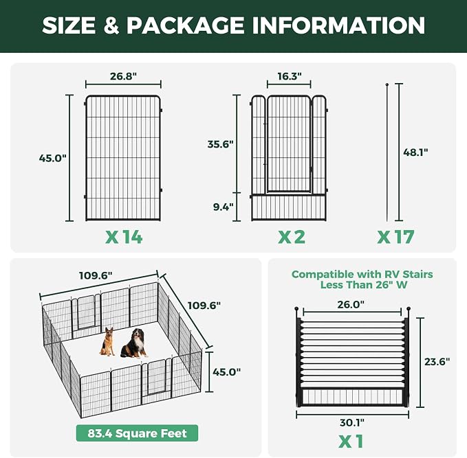 FXW Rollick Dog Playpen with RV Step Grid for RV Camping, 45" H, 16 Panels | Easy Setup & Sturdy, Blocks RV Stair Gaps, Fits RV Steps up to 26"W, For Large Dogs, Patented