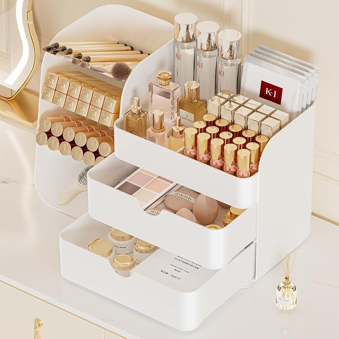 Makeup Organizer for Vanity Skincare Organizers Countertop, All White | Cosmetic Organizer with Brush Holder and 2 Drawers, Beauty Makeup Storage for Lipsticks, Nail Polishes, Eyeshadow Palettes