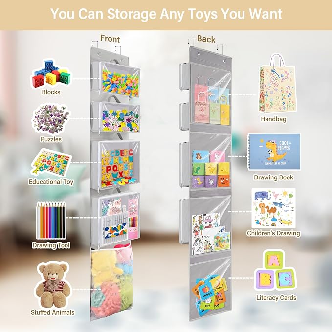 Over Door Toy Organizer, Hanging Stuffed Animal Storage with Removable Bags | Gray Toy Storage Case Behind Door for Block, Puzzle, Bi-Fold Closet Holder Idea with Mesh Pocket, Kid Boy Girl Nursery Room