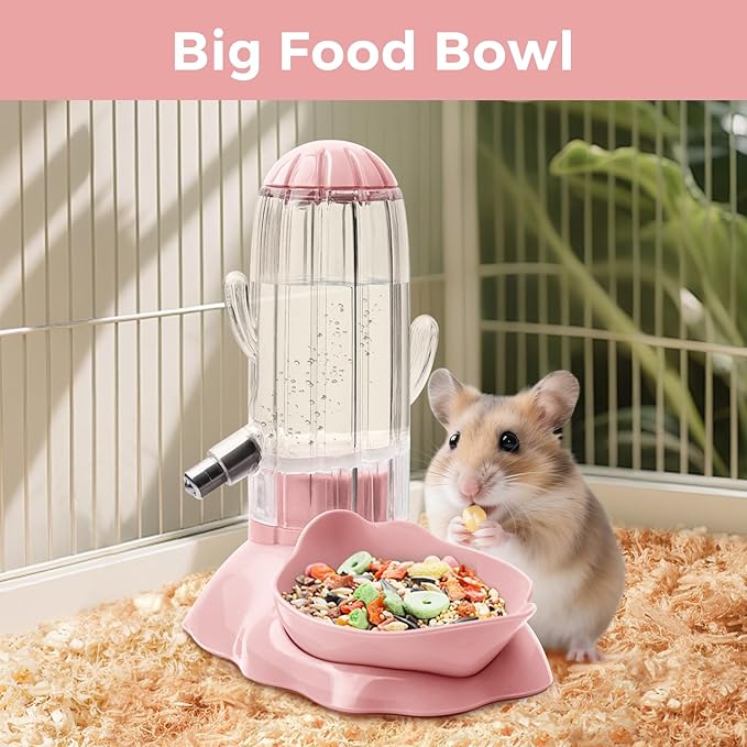 VANNON 2 in 1 Hamster Feeder Small Animal Water Bottle & Food Bowl Water Dispenser & Food Dish Bowl for Hamster, Small Mice, Rat, Gerbil, 4.6oz/130ml, BPA Free, Pink