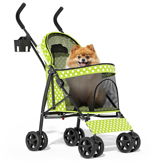 MoNiBloom Pet Stroller for Small/Medium Dogs and Cats, Lawn Green Polka Dots