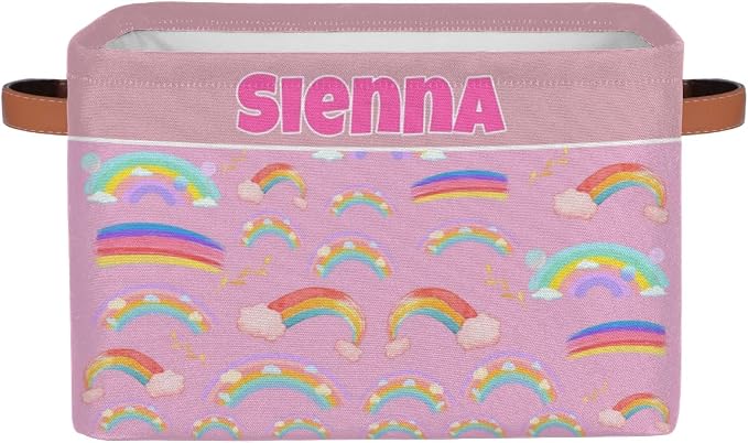 Personalized Kids Toy Box Name, Custom Nursery Baskets Cubes Box, Girls Custom Storage Basket Laundry Baskets Organizer with Handles, Painted Colorful Rainbow with Cloud Pink Background