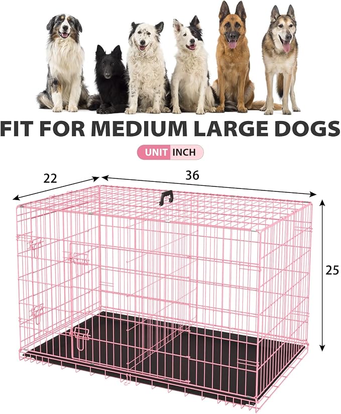 BestPet | Dog Crate | 36" | Pink | Foldable Metal Kennel with Double Doors | Secure Slide-Bolt Latches, Leakproof Tray | Portable Dog Cage for Medium Sized Breeds | for Travel, Indoor & Outdoor Use