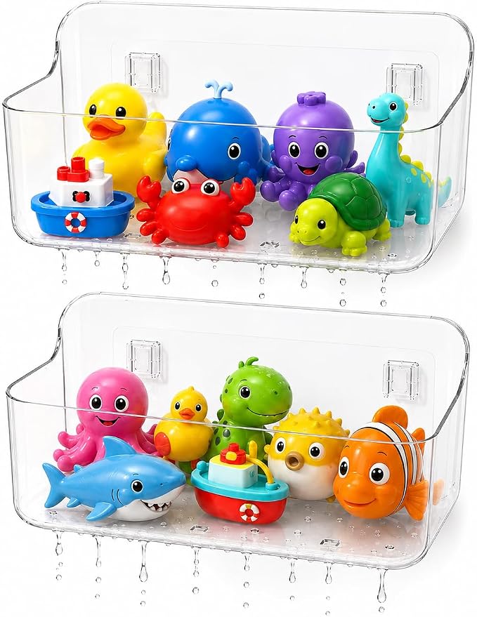 Bath Toy Organizer 2 Pack, Clear Bins with 4 Adhesive Hooks | Clear PET bath toy storage for bathtub and shower; large open bins mount without drilling and detach for easy cleaning.