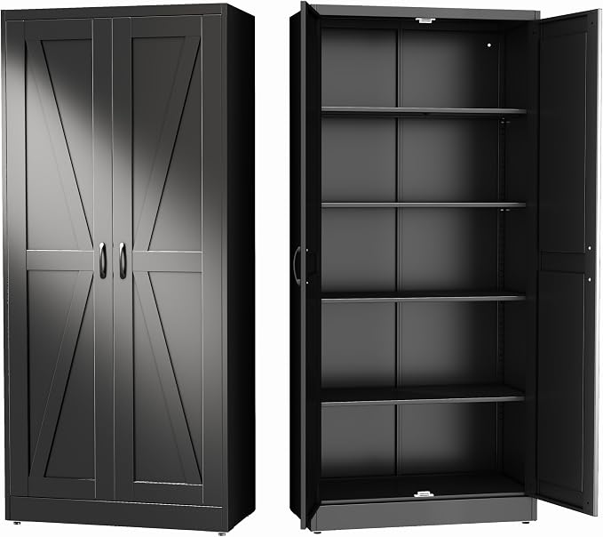 GAIOUS 71" Tall Kitchen Pantry Cabinet,Black Cupboard,Metal Storage Cabinet | with 2 Doors and 4 Adjustable Shelves, Freestanding File Cabinet, 5 Tier Utility Cabinet for Dining Office Bathroom Bedroom