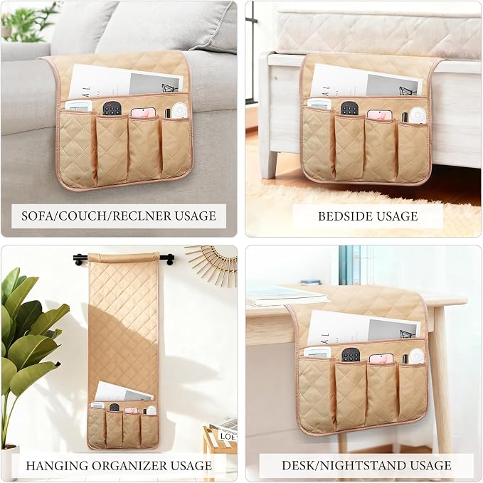 Armchair Caddy for Recliner, Non Slip Sofa Arm Organizer, Khaki | 5-Pocket Recliner Armrest Organizer, Couch Side Storage Holder for Remotes, Cell Phone, Magazines & Tablets, Machine Washable