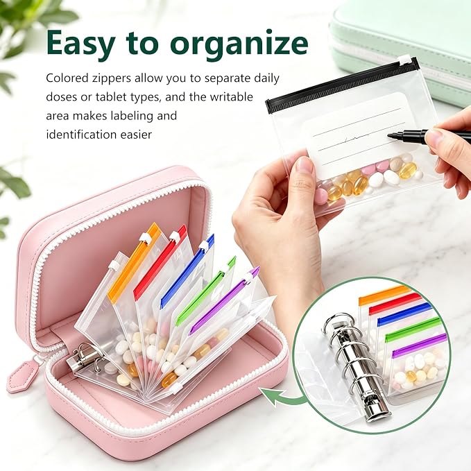 Waterproof Pill Organizer Set, Waterproof Pill Pouch Set for Travel, Pill Storage with 14 Color-Coded Pouches and Zipper, Reusable Travel Medicine Organizer for Vitamins Supplements Fish Oils (Black)