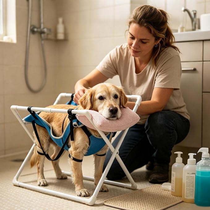Pet Grooming Hammock - Foldable Heavy Duty Dog Restraint Stand | Washable Mesh Support Sling, Anti Slip Frame, Joint Cushion, Secure Setup for Small Medium Pets Home Salon Bathing