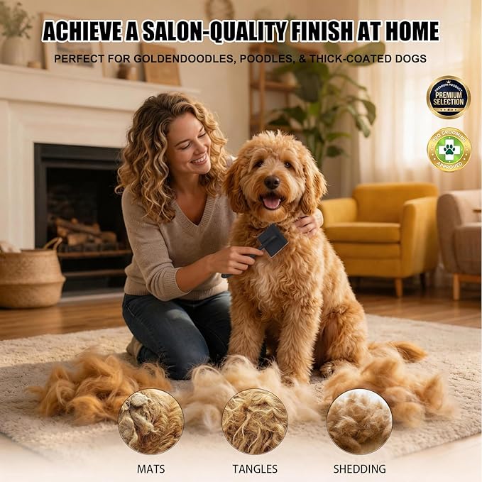 Dog Slicker Brush for Goldendoodles, Poodles & Long Haired Dogs - Long Pin Doodle Brush & Pet Comb Kit Removes Tangles Loose & Knots, Professional Grooming Tools with Wooden Handle, Black