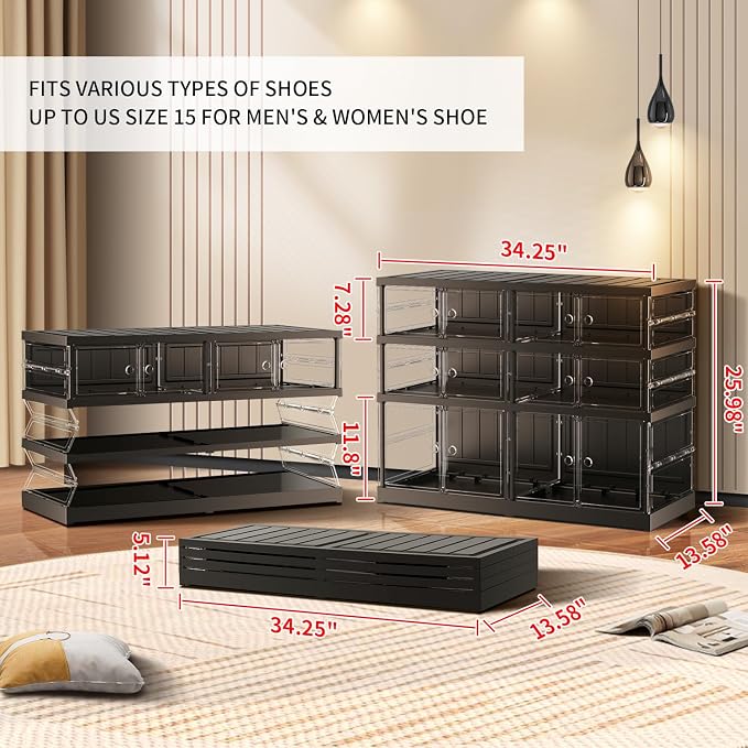 CIMLORD 3-Tier Foldable Shoe Rack, Magnetic Clear Doors, 12 Pairs, Black | Collapsible Plastic Shoe Cabinet, Stackable, Lidded, Tool-Free Assembly, Fits Boots & Sneakers, Closet & Entryway
