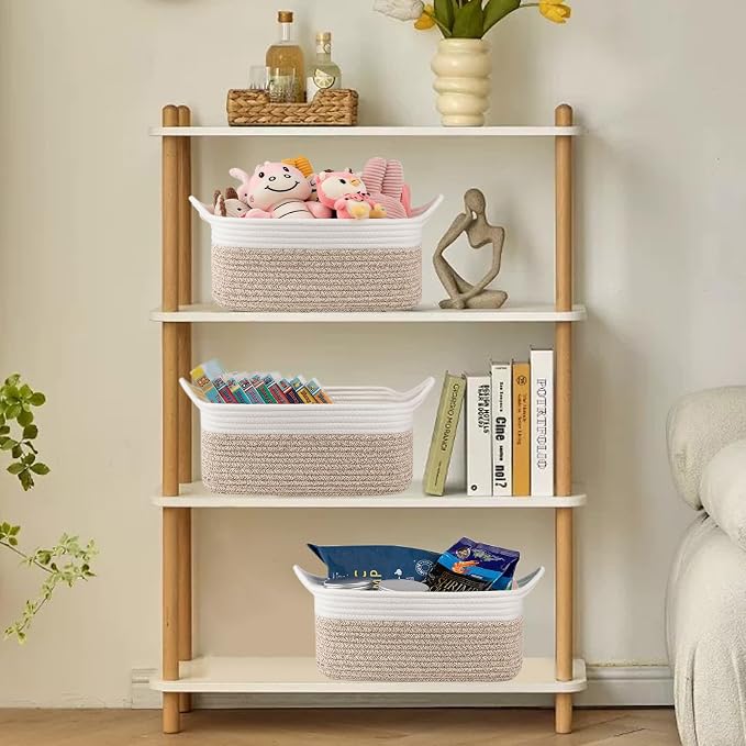 OIAHOMY Woven Basket, Gift Basket Empty with Gift Bags and Ribbons, Rope Baskets for Baby Showers, Storage Baskets with Handles for Nursery, Pet Toy Organizer - Brown & White