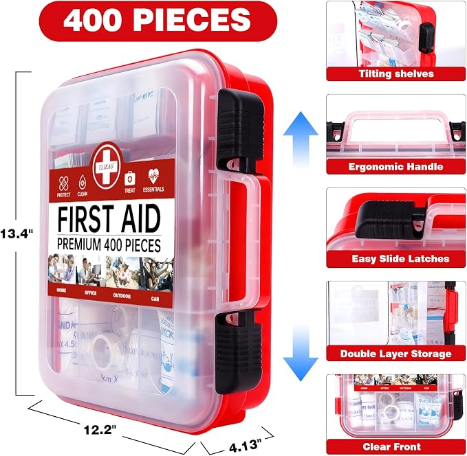 400 Pieces All-Purpose First Aid Kit, Organized Dual-Layer Wall | 100-Person, Professional Medical Kit For Home, Car, Camping, Travel, Office, Outdoor, Business & Sports