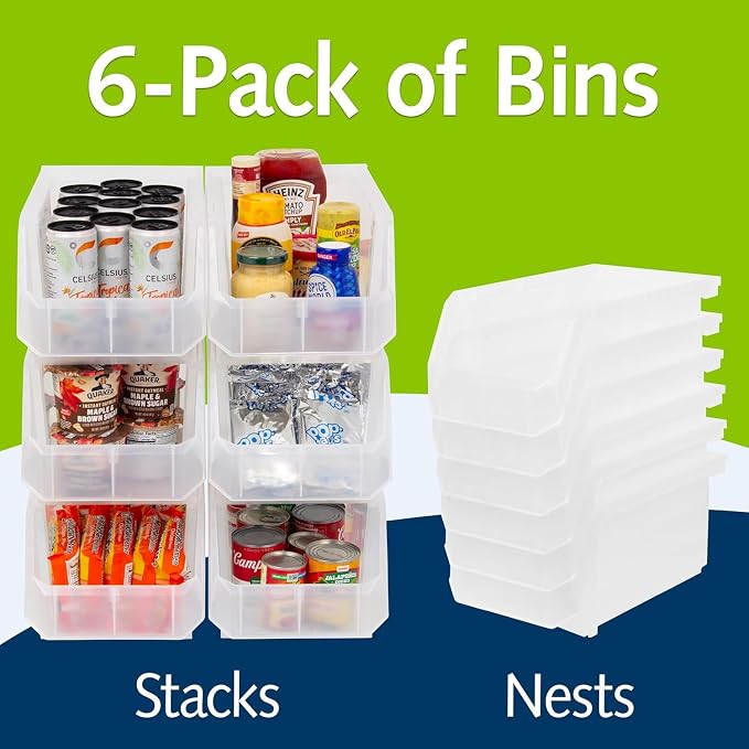 Akro-Mils ReadySpace Large Stackable Plastic Storage Bins, 6-Pack, Clear | Open-Front Stackable Bins For Garage, Pantry, Closet & Office, 14,8"L X 8"W X 7"H, Nests When Empty, Durable Plastic,