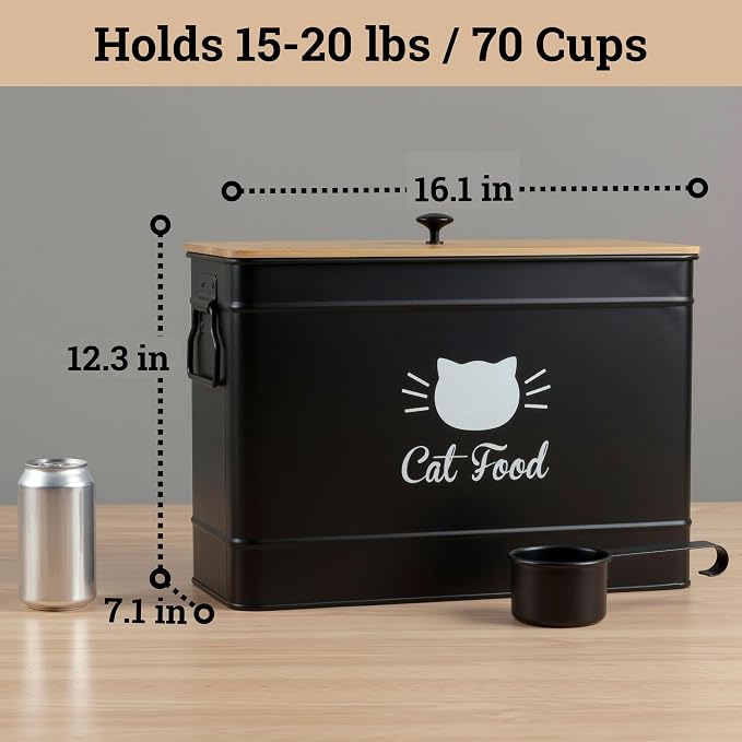 Metal Cat Food Container with Scoop, 15lb (50 Cup) w/ Airtight Bamboo Lid | 15 lb / 50 Cup Capacity, 1 Cup Metal Scoop, Durable Powder Coated Iron Body, Rubber Lined Bamboo Lid, Sturdy Metal Handles