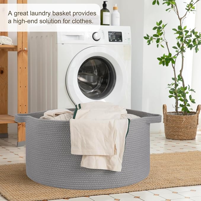 OIAHOMY 90L Extra Large Blanket Basket - Decorative Cotton Rope Storage Basket for Bedroom, Living Room & Nursery - Woven Laundry Hamper for Organizing Blankets, Clothes & Toys - Light Grey