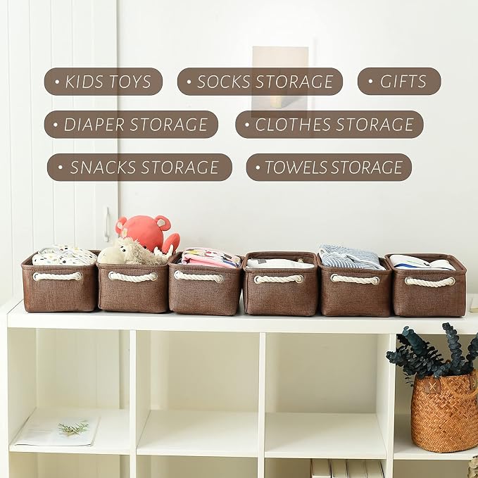 Storage Basket for Organizing - 12x8x5 inch Small 6 Pack Collapsible Storage Bin for Shelves with Handles, Canves Storage Box for Cloth Closet Organizer Gift Toy (Brown)