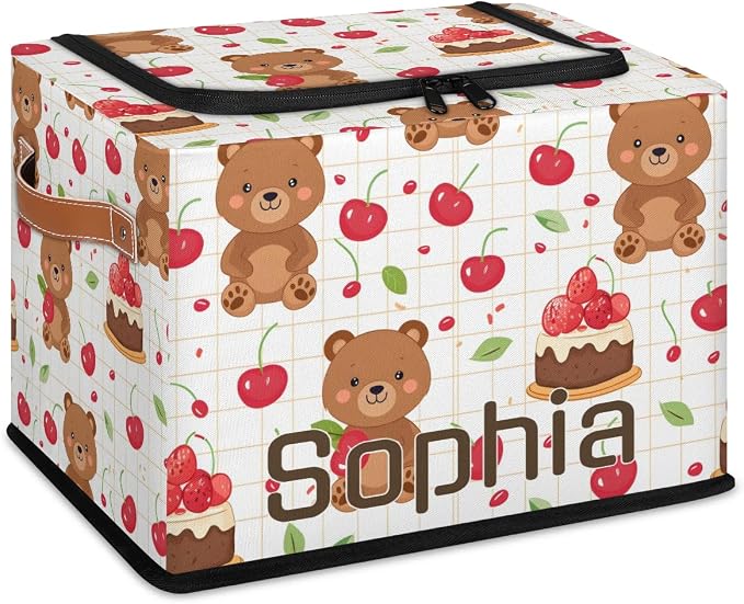 Custom Cute Bear Storage-Bin With Zipper Lid for Kids-Girls-Boys-Baby-Pet,Personalized Name Foldable Storage Box with Handle,Baby Basket With Label for Bedroom Nursery Toy Clothes,White 2