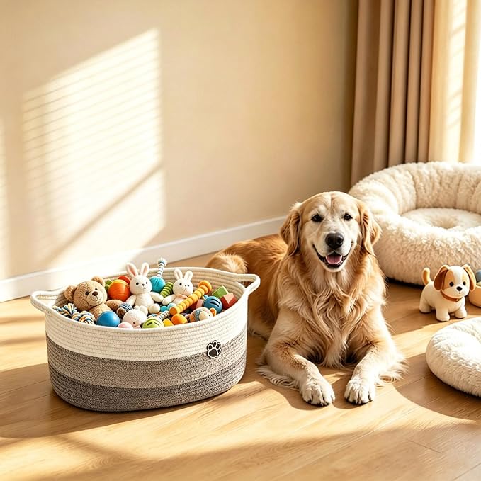 Dog Toy Basket, White & Brown, 2 Pack Toy Box and Bin for Dog Cat Storage, 20" X 11" X 8" Large Woven Rope Basket, for Blanket Storage, Living Room, Bedroom