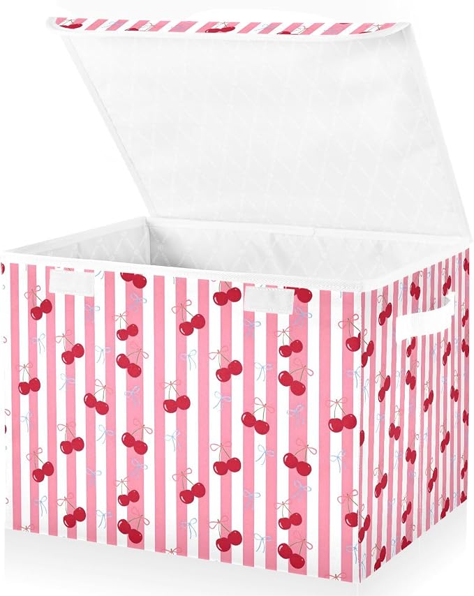 Cherry Fabric Storage Bins with Lid Storage Baskets for Organizing Nursery | Decorative Storage Boxes, Foldable & Stackable, Dust-Proof Flip Top, Reinforced Handles, For Home & Dorm, Clothes & Toy Box