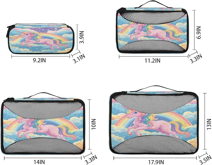 4 Set Packing Cubes for Travel, Rainbow Unicorn Packing Cubes for Women, Travel Luggage Packing Organizers, Packing Cube Set, Unicorn Cartoon