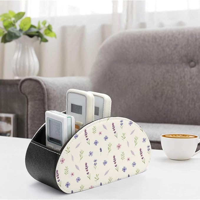 TV Remote Control Holder Purple Lavender Floral Desktop Storage Caddy Box | Pu Leather Makeup Organizer, 5 Compartments, Purple Lavender Floral Flower Botanical, Fit for Media Player, Office Supplies