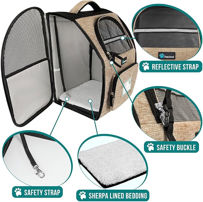 PetAmi Dog Backpack Carrier Airline Approved Cat Pet Puppy Bag, Taupe | Ideal for Small Medium Large Pet up to 18 lb, 2 Side Entry Structured No-Collapse Frame, Ventilated Bookbag for Hiking Travel