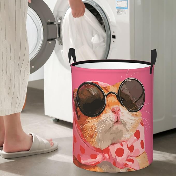 Cute Trendy Hamster Pet Art Laundry Hamper 13.8x16.5 Inches | Clothes Basket With Handles, Versatile Storage Organizer For Home Decor, Laundry Room, Dorm, Living Room, Bathroom, Gifts