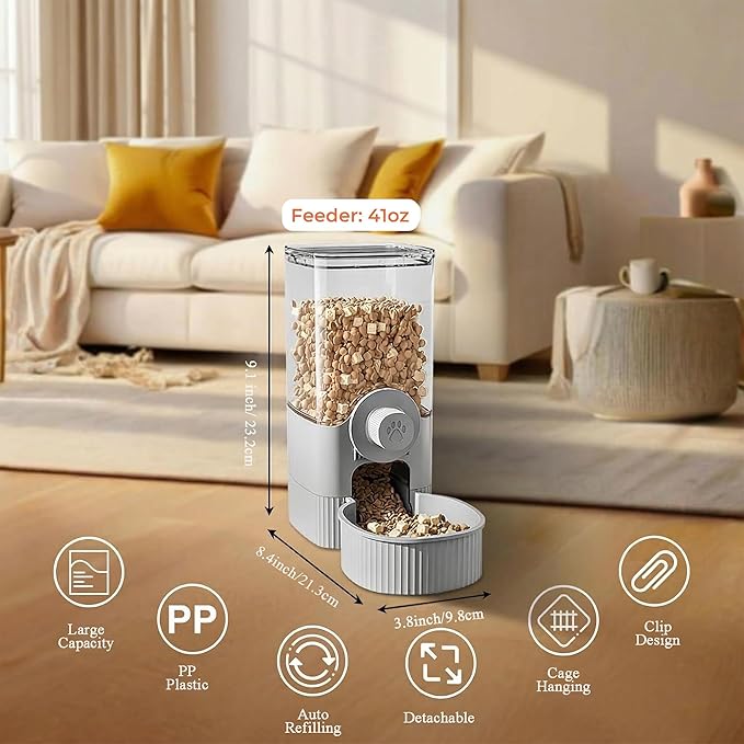 Auto Gravity Food Dispenser for Cage Hanging, 41OZ Capacity Hanging Automatic Pet Cage Feeder, Food Bowl for Cats Dogs Rabbit Ferret Chinchilla Bird Hedgehog Guinea Pig (Grey)
