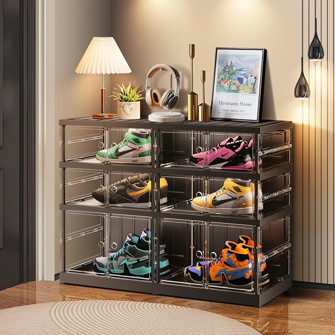 CIMLORD 3-Tier Foldable Shoe Rack, Magnetic Clear Doors, 12 Pairs, Black | Collapsible Plastic Shoe Cabinet, Stackable, Lidded, Tool-Free Assembly, Fits Boots & Sneakers, Closet & Entryway