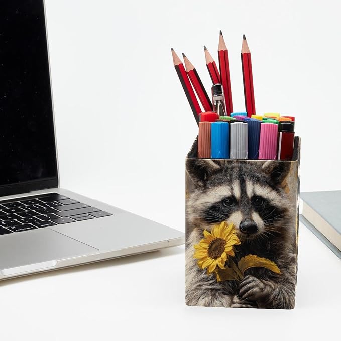 Sunflower and Raccoon Pen Holder for Desk Decor, Rectangular PVC Leather Pencil Cup for Desk Pen Organizer, Makeup Brush Holder for School, Home, Office
