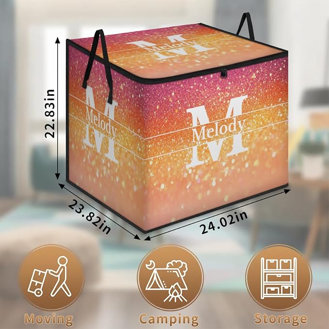 Personalized Name Foldable Storage Basket Cubes with Lid, Initial Letter Comforters Bedding Storage Bin with Handles for Shelf Home Closet, Gradient Pink Orange Glittering Bling