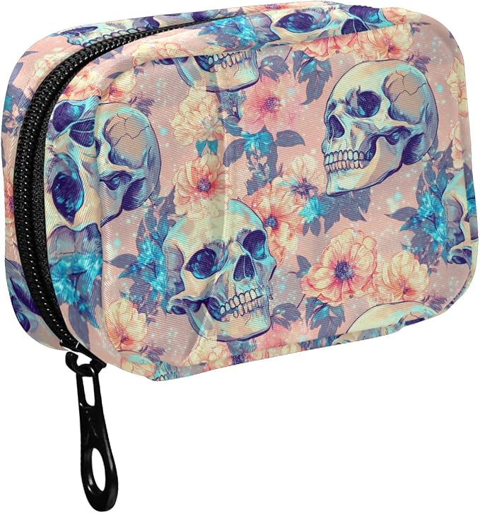 Fustylead Bright Beautiful Human Skulls and Flower Pill Organizer for Purse, Weekly Portable Pill Box with Zipper to Storage Vitamins Fish Oils Medications Supplements