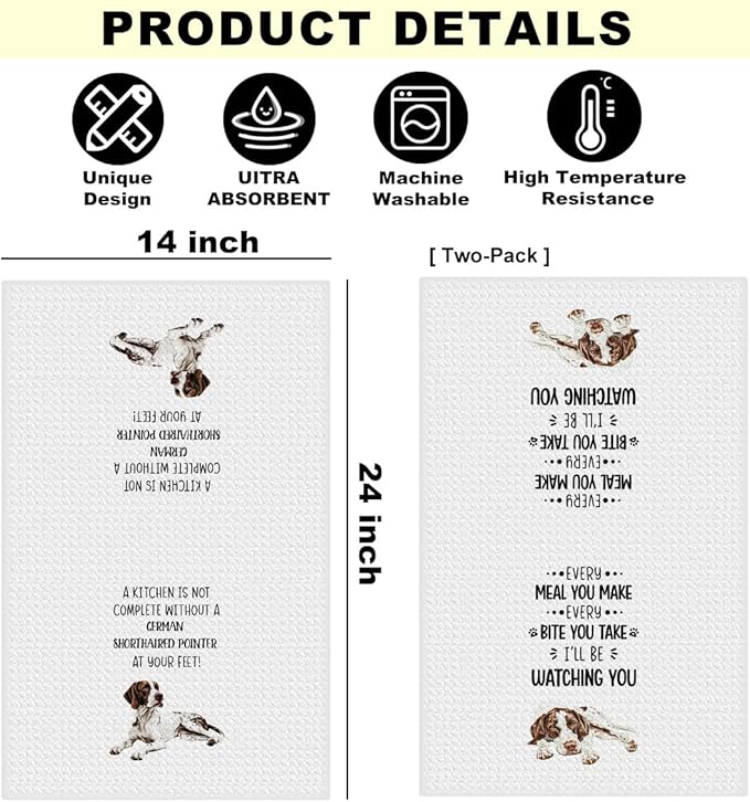 2Pcs German Shorthaired Pointer Gifts Kitchen Towels, German Shorthaired Pointer Reusable Dish Towels for Kitchen Bathroom Decor, Waffle Weave Absorbent Hand Cloth Tea Towel, Dog Mom Gifts 14x24 inch