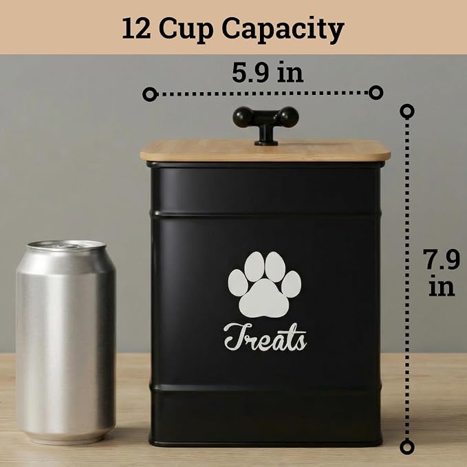 Dog Treat Container Airtight, 6"W x 8"H, Powder Coated, 12 Cup Capacity | Fits All Popular Treats, 12 Cup Capacity, Airtight Bamboo Lid, Easy Open Lid, Dent-Resistant Durable Metal Bone-Shaped Handle
