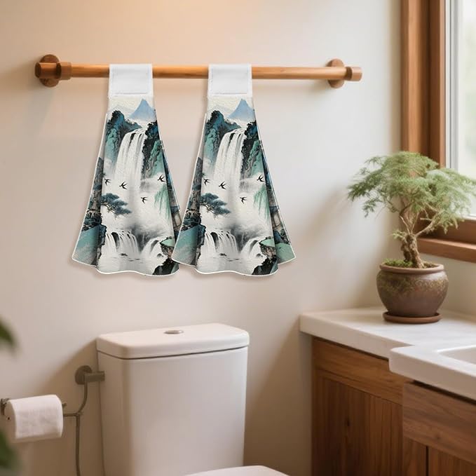 CUTHOLLOW Chinese Style Landscape Hanging Kitchen Towels with Loop, Set of 2 Soft & Super Absorbent Microfiber Decorative Hanging Dish & Hand Towel, Tea, Coffee Towel for Kitchen Bathroom Oven Handle