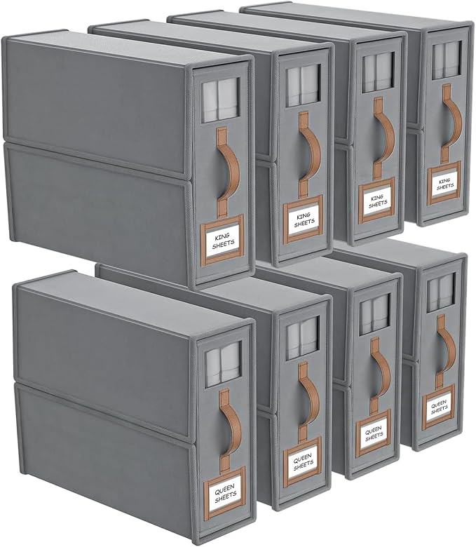 8 Pack Bed Sheets Organizers And Storage,Sheets Set Folder Keeper with Handle,Foldable Bedding Storage Box For Linen Closet,Duvet Cover(King Size-3.7 Gal,Gray)