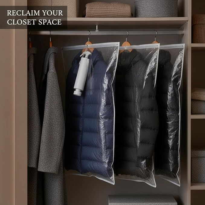 Hanging Vacuum Storage Bag with Hand Pump for Coats & Jackets, Space Saver for Closet Organization